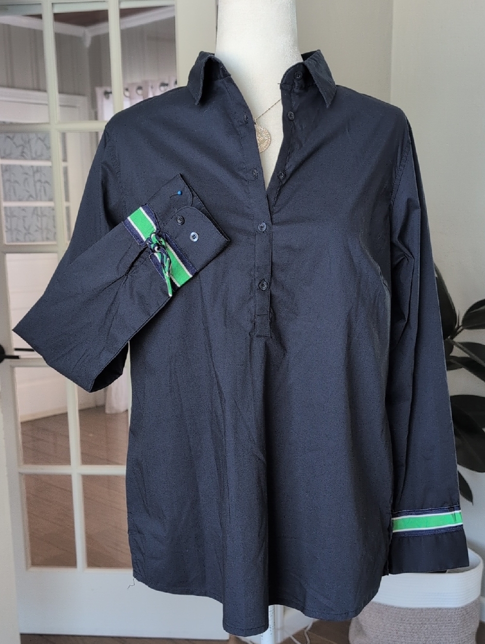 Pearly Vine Audrey Ribbon Navy Button-Front Tunic with Green & Blue Stripe Cuffs
